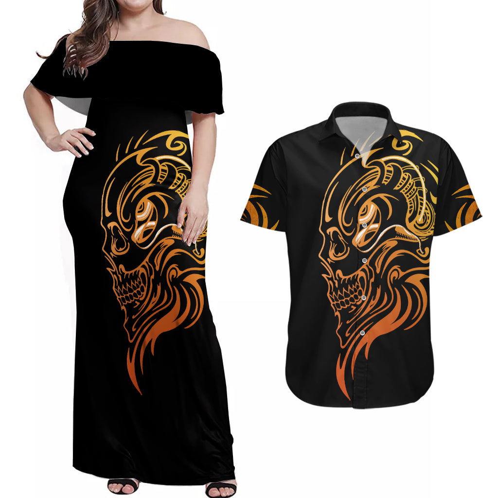 Tattoo Skull Couples Matching Off Shoulder Maxi Dress and Hawaiian Shirt Golden Skull Face Tattoo - Wonder Print Shop