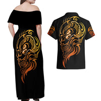 Tattoo Skull Couples Matching Off Shoulder Maxi Dress and Hawaiian Shirt Golden Skull Face Tattoo - Wonder Print Shop