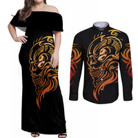 Tattoo Skull Couples Matching Off Shoulder Maxi Dress and Long Sleeve Button Shirts Golden Skull Face Tattoo - Wonder Print Shop