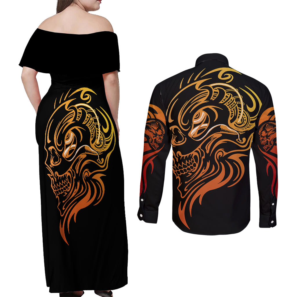 Tattoo Skull Couples Matching Off Shoulder Maxi Dress and Long Sleeve Button Shirts Golden Skull Face Tattoo - Wonder Print Shop