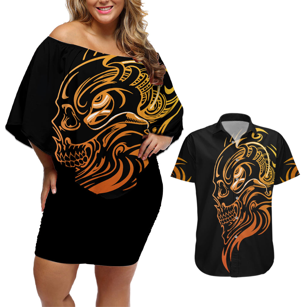 Tattoo Skull Couples Matching Off Shoulder Short Dress and Hawaiian Shirt Golden Skull Face Tattoo - Wonder Print Shop
