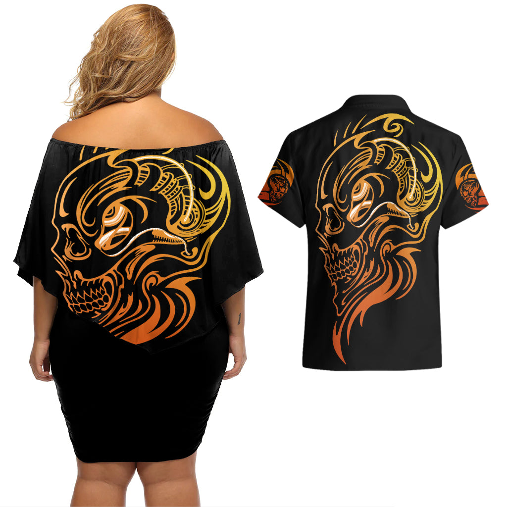 Tattoo Skull Couples Matching Off Shoulder Short Dress and Hawaiian Shirt Golden Skull Face Tattoo - Wonder Print Shop