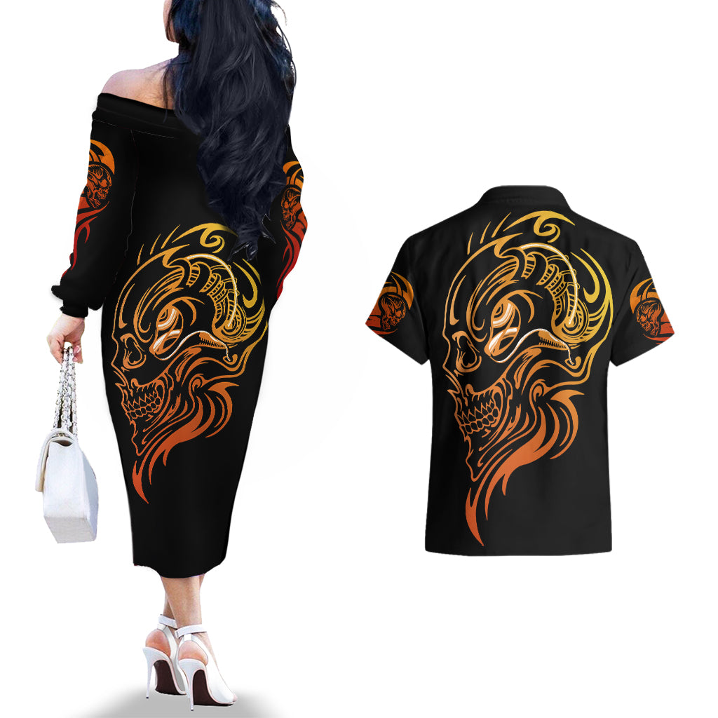 Tattoo Skull Couples Matching Off The Shoulder Long Sleeve Dress and Hawaiian Shirt Golden Skull Face Tattoo - Wonder Print Shop