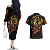 Tattoo Skull Couples Matching Off The Shoulder Long Sleeve Dress and Hawaiian Shirt Golden Skull Face Tattoo - Wonder Print Shop