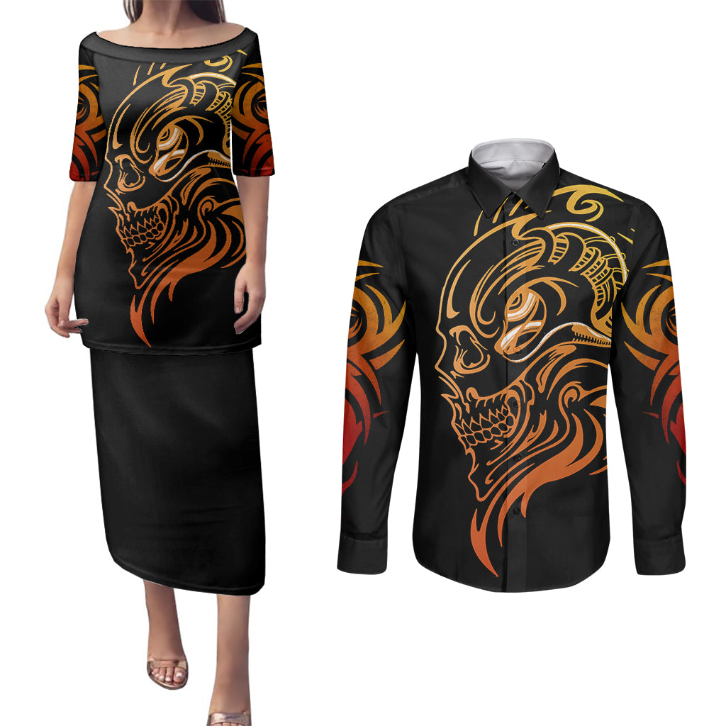 Tattoo Skull Couples Matching Puletasi Dress and Long Sleeve Button Shirts Golden Skull Face Tattoo - Wonder Print Shop