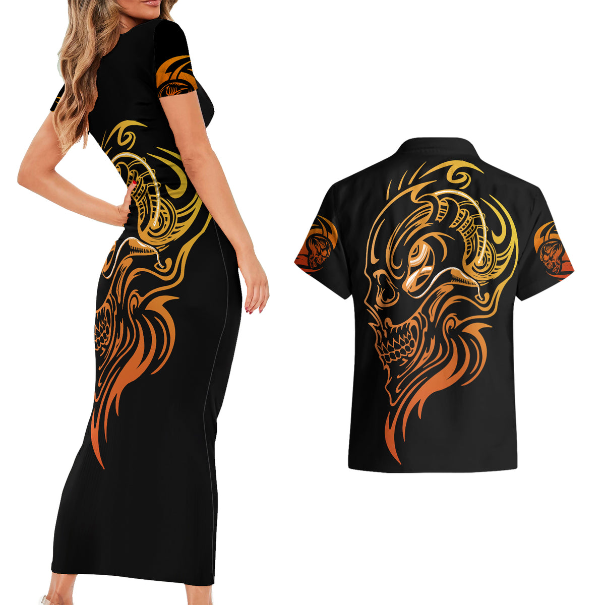 Black bodycon midi dress and black Hawaiian shirt with golden skull face art, shirt back