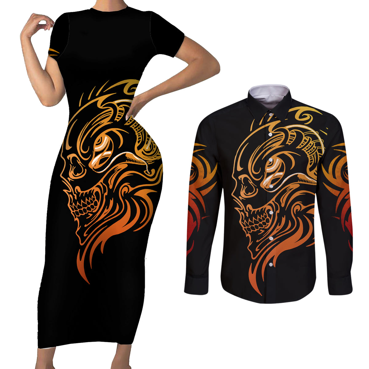 Tattoo Skull Couples Matching Short Sleeve Bodycon Dress and Long Sleeve Button Shirts Golden Skull Face Tattoo - Wonder Print Shop