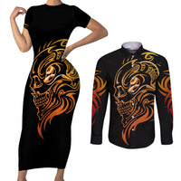 Tattoo Skull Couples Matching Short Sleeve Bodycon Dress and Long Sleeve Button Shirts Golden Skull Face Tattoo - Wonder Print Shop