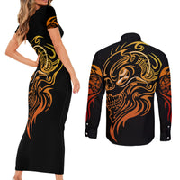Tattoo Skull Couples Matching Short Sleeve Bodycon Dress and Long Sleeve Button Shirts Golden Skull Face Tattoo - Wonder Print Shop
