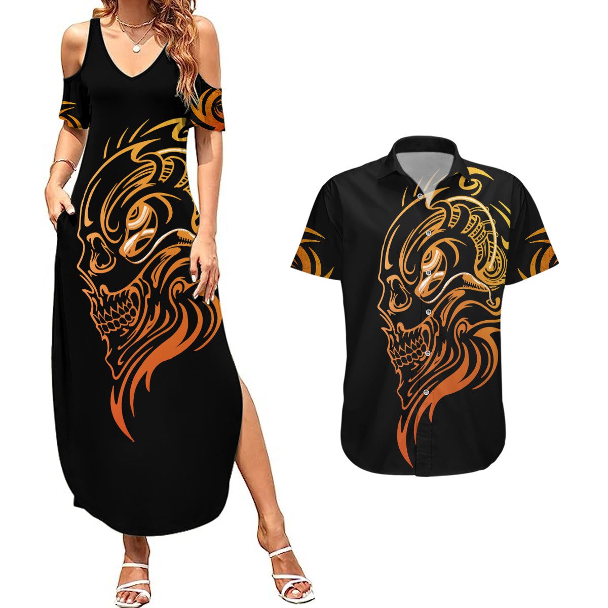 Tattoo Skull Couples Matching Summer Maxi Dress and Hawaiian Shirt Golden Skull Face Tattoo - Wonder Print Shop