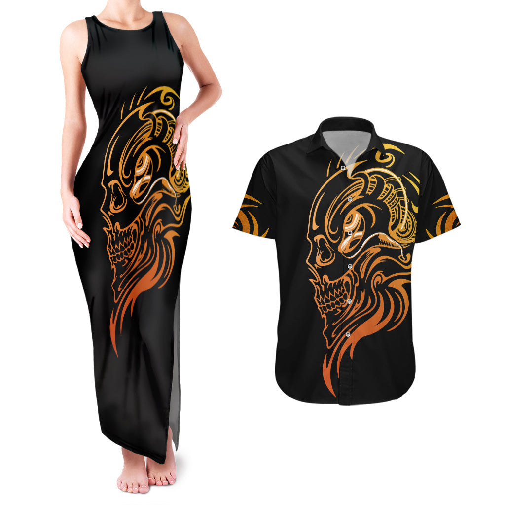 Tattoo Skull Couples Matching Tank Maxi Dress and Hawaiian Shirt Golden Skull Face Tattoo - Wonder Print Shop