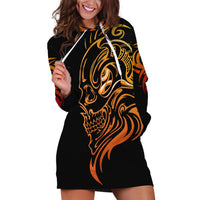 Black tattoo skull hoodie dress with gold graphic, long sleeves, short hem