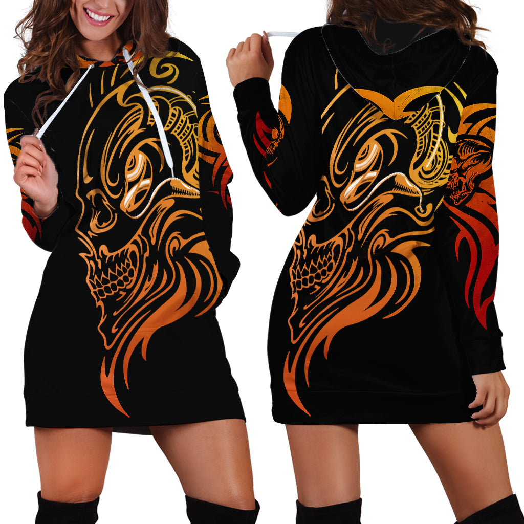 Black tattoo skull hoodie dress with gold front and back skull graphics, long sleeves
