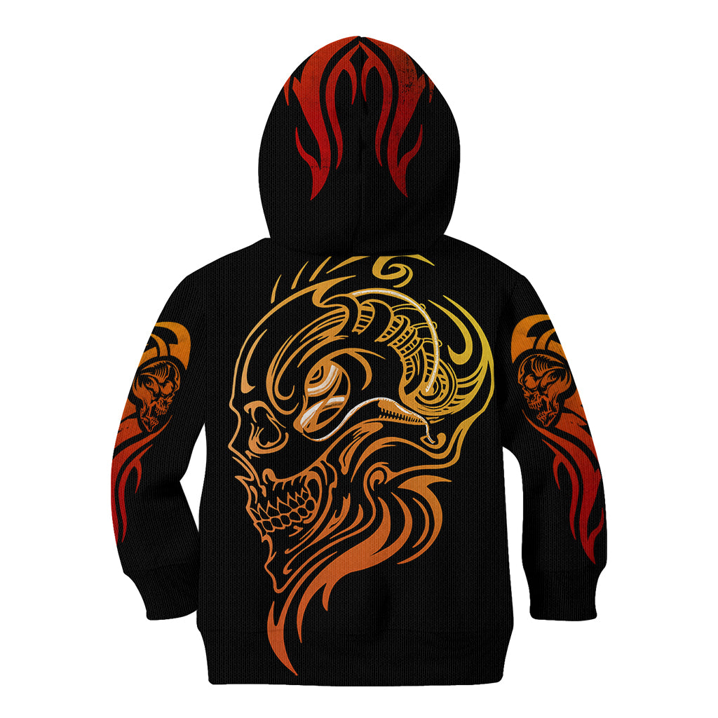 Black hoodie with flame-like skull tattoo graphic on hood and back panel