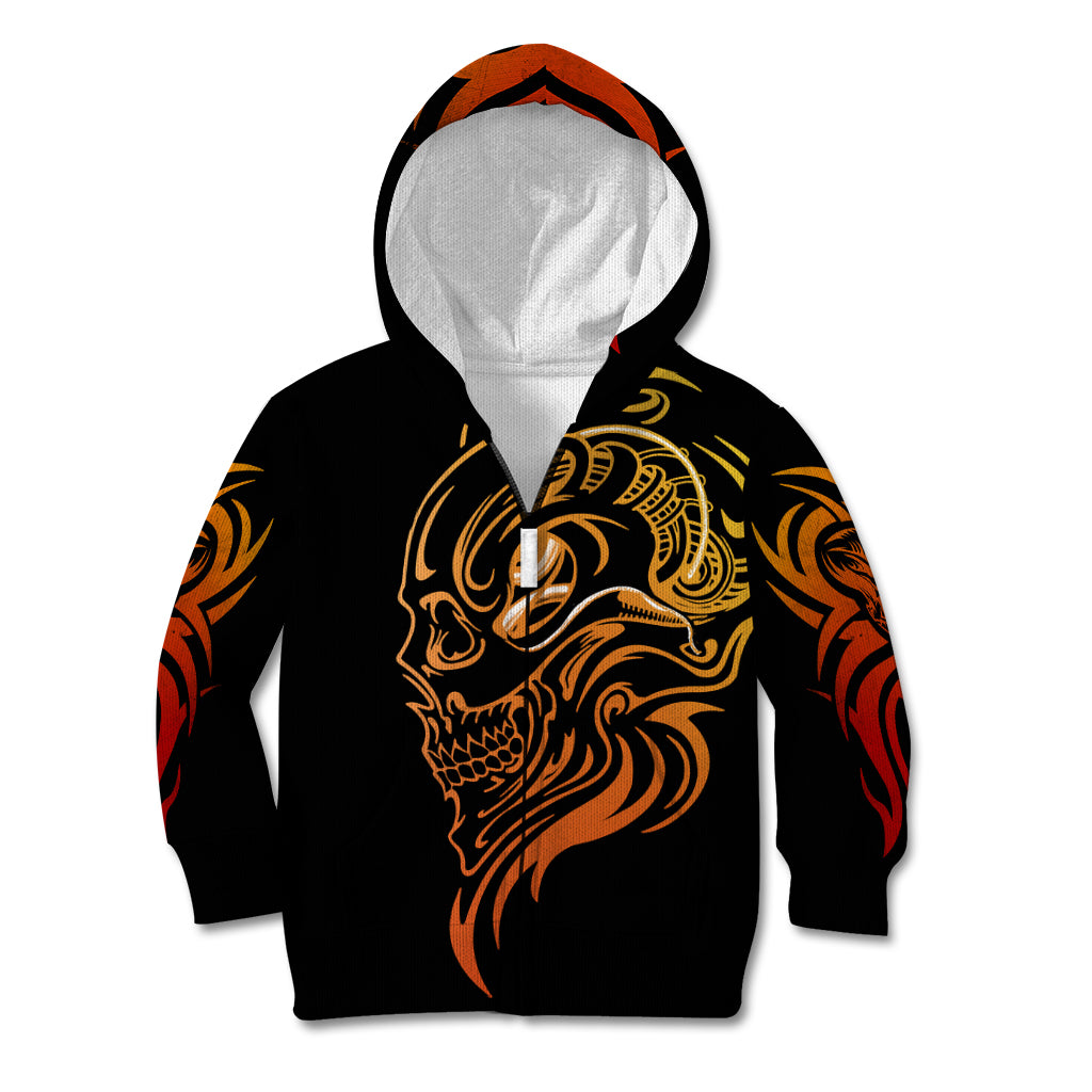 Black pullover hoodie with gold-orange skull face tattoo graphic on front