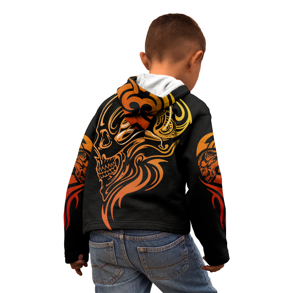 Black pullover hoodie with gold-orange skull tattoo on back and flame sleeve prints
