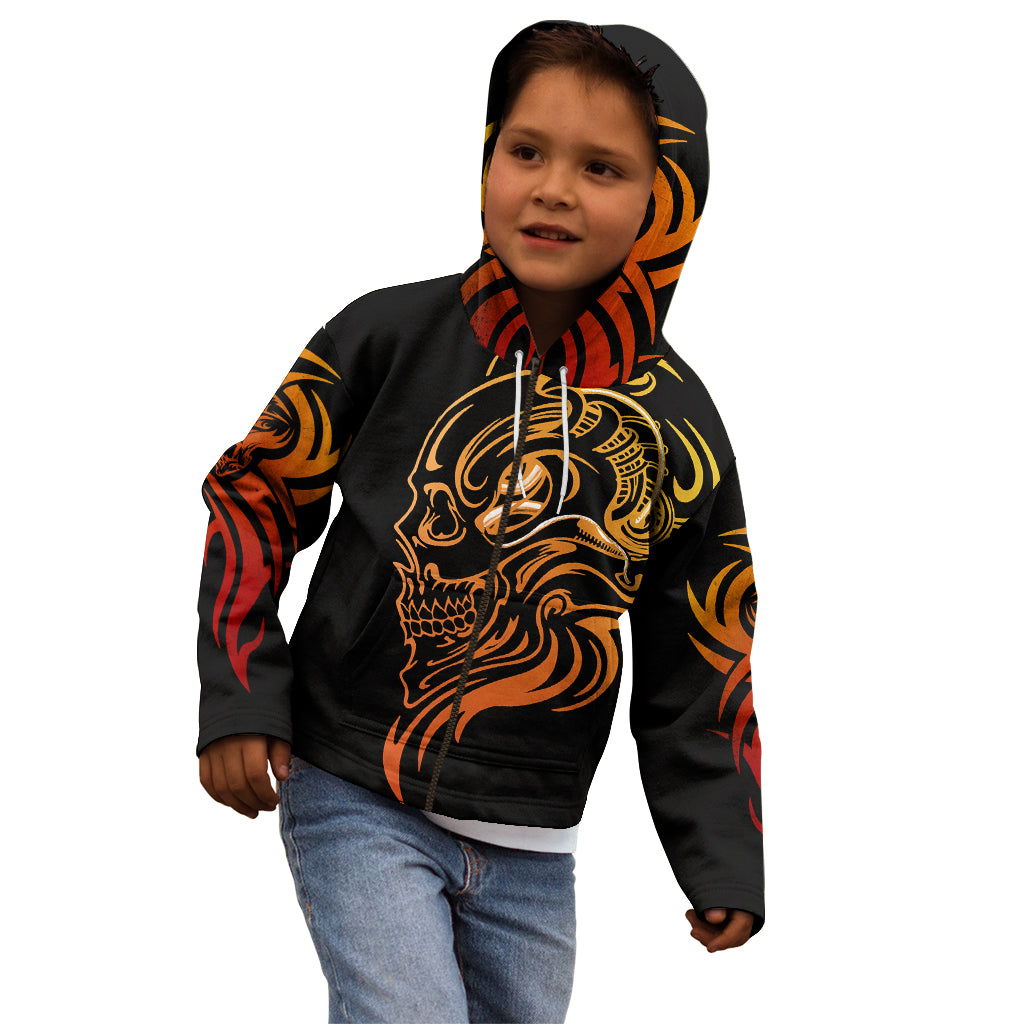 Black pullover hoodie with gold-orange skull face tattoo and flame sleeve accents