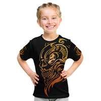 Black kids tattoo skull graphic T-shirt with golden face design, short sleeves