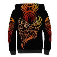 Black unisex sherpa hoodie with large orange-gold skull tattoo design on back, hood