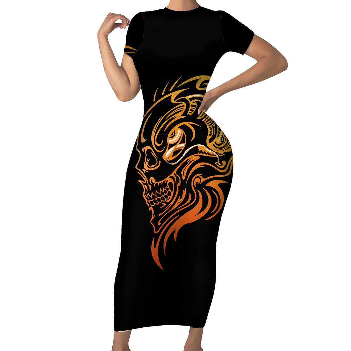 Tattoo Skull Short Sleeve Bodycon Dress Golden Skull Face Tattoo - Wonder Print Shop