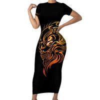 Black bodycon midi dress with short sleeves and golden tattoo skull graphic, front view