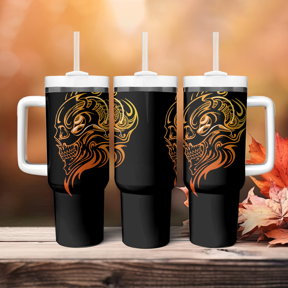 Tattoo Skull Tumbler With Handle Golden Skull Face Tattoo - Wonder Print Shop