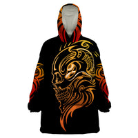 Black wearable blanket hoodie with hood and front gold-red skull tattoo print