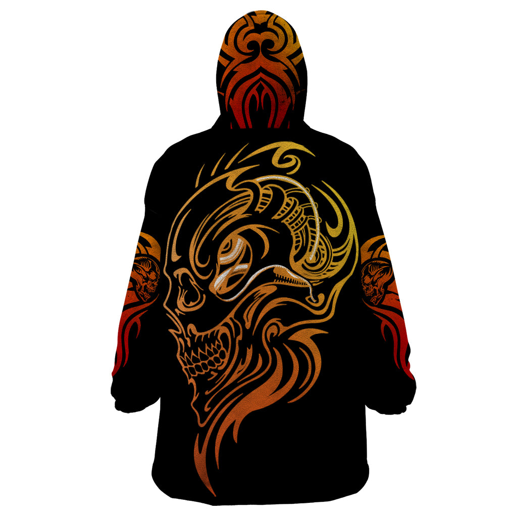 Black wearable blanket hoodie with hood, back gold-red skull tattoo graphic