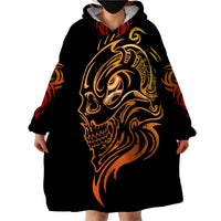 Black hooded wearable blanket hoodie, front cloak style with large skull tattoo print
