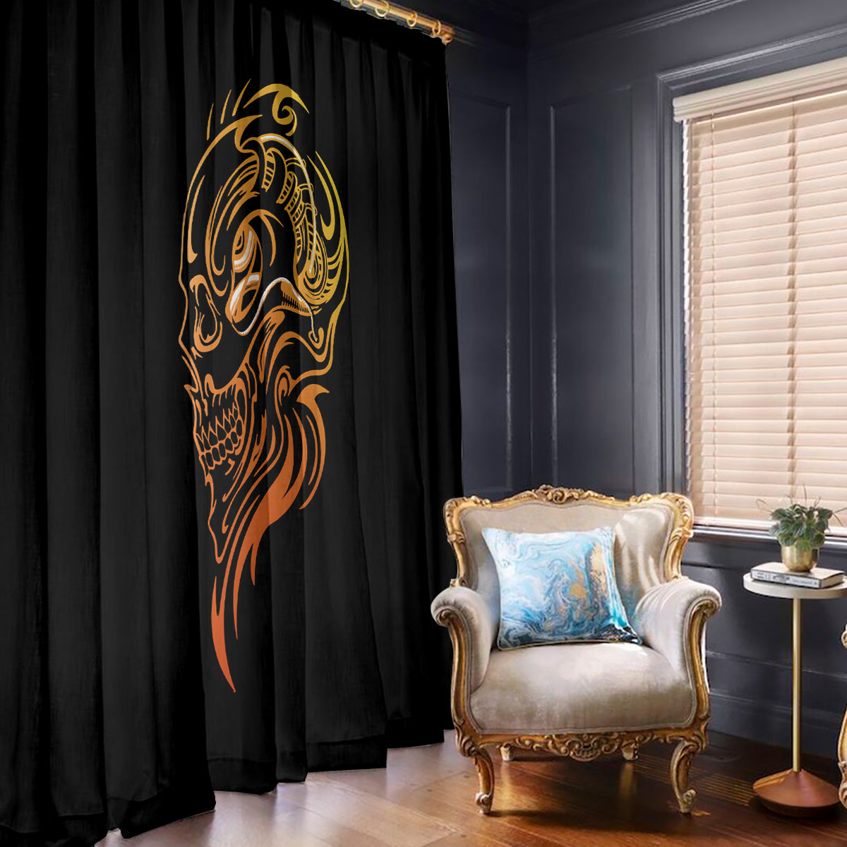 Tattoo Skull Window Curtain Golden Skull Face Tattoo - Wonder Print Shop