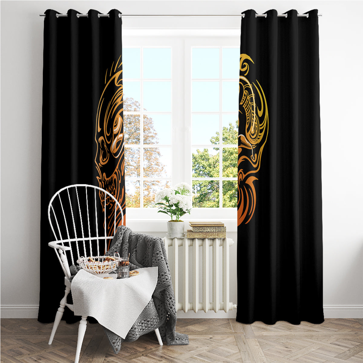 Tattoo Skull Window Curtain Golden Skull Face Tattoo - Wonder Print Shop
