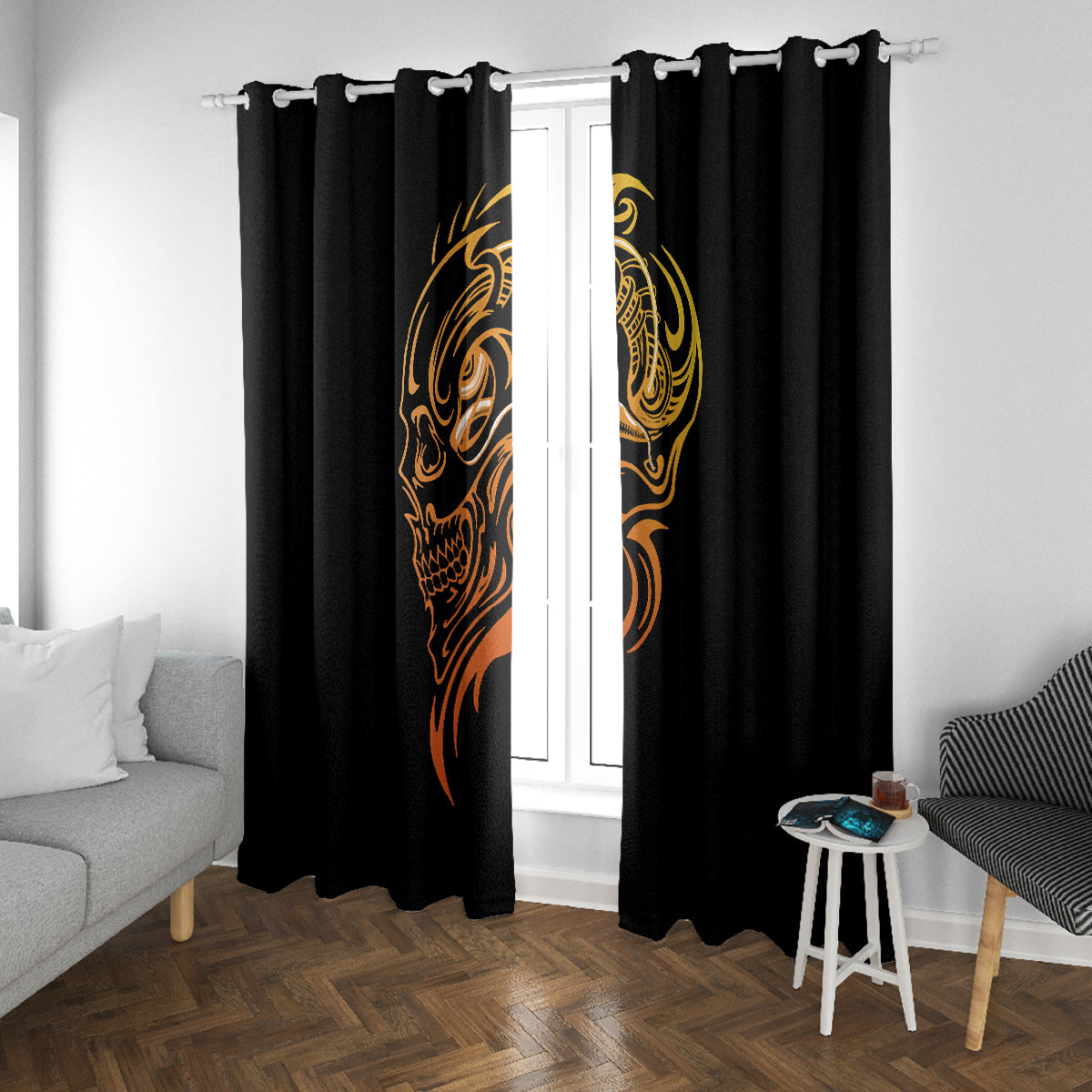 Tattoo Skull Window Curtain Golden Skull Face Tattoo - Wonder Print Shop