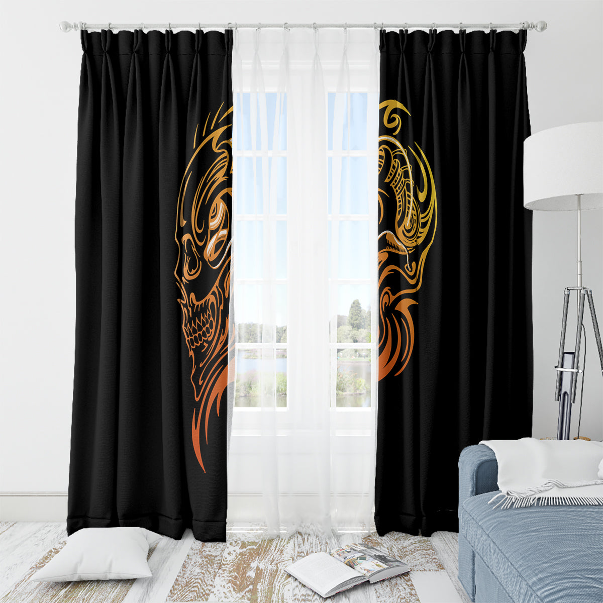 Tattoo Skull Window Curtain Golden Skull Face Tattoo - Wonder Print Shop