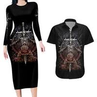 Warrior Skull Couples Matching Long Sleeve Bodycon Dress and Hawaiian Shirt Skull Warrior Viking - Wonder Print Shop
