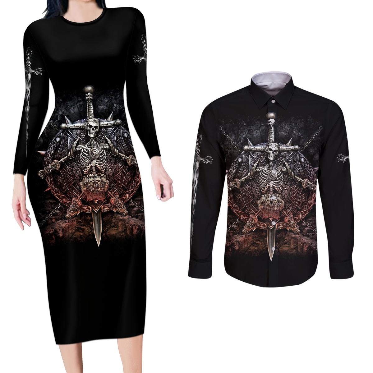 Warrior Skull Couples Matching Long Sleeve Bodycon Dress and Long Sleeve Button Shirts Skull Warrior Viking - Wonder Print Shop