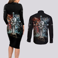 Warrior Skull Couples Matching Long Sleeve Bodycon Dress and Long Sleeve Button Shirts Skull Warrior Viking - Wonder Print Shop