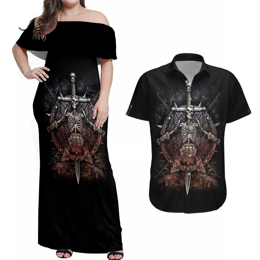 Warrior Skull Couples Matching Off Shoulder Maxi Dress and Hawaiian Shirt Skull Warrior Viking - Wonder Print Shop