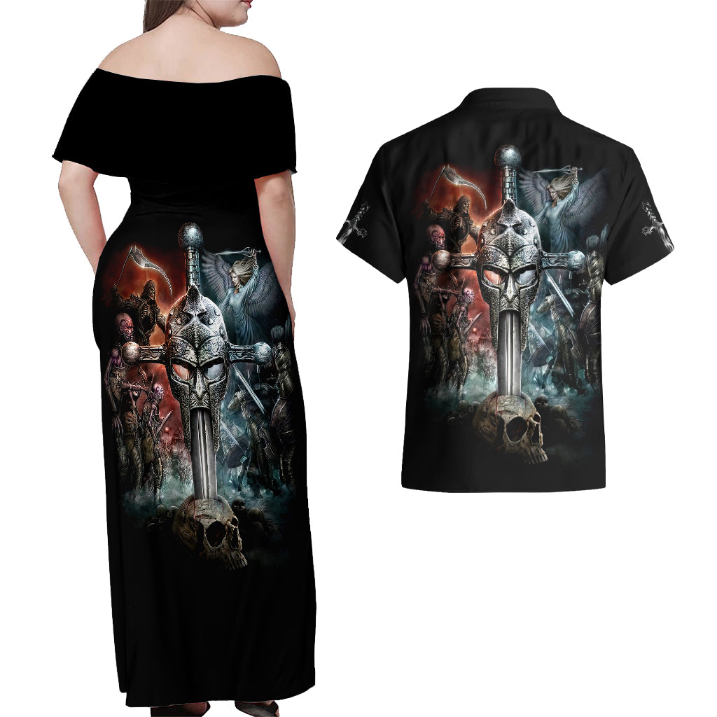 Warrior Skull Couples Matching Off Shoulder Maxi Dress and Hawaiian Shirt Skull Warrior Viking - Wonder Print Shop