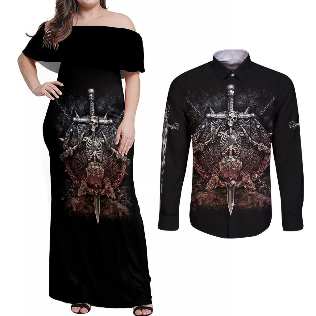 Warrior Skull Couples Matching Off Shoulder Maxi Dress and Long Sleeve Button Shirts Skull Warrior Viking - Wonder Print Shop