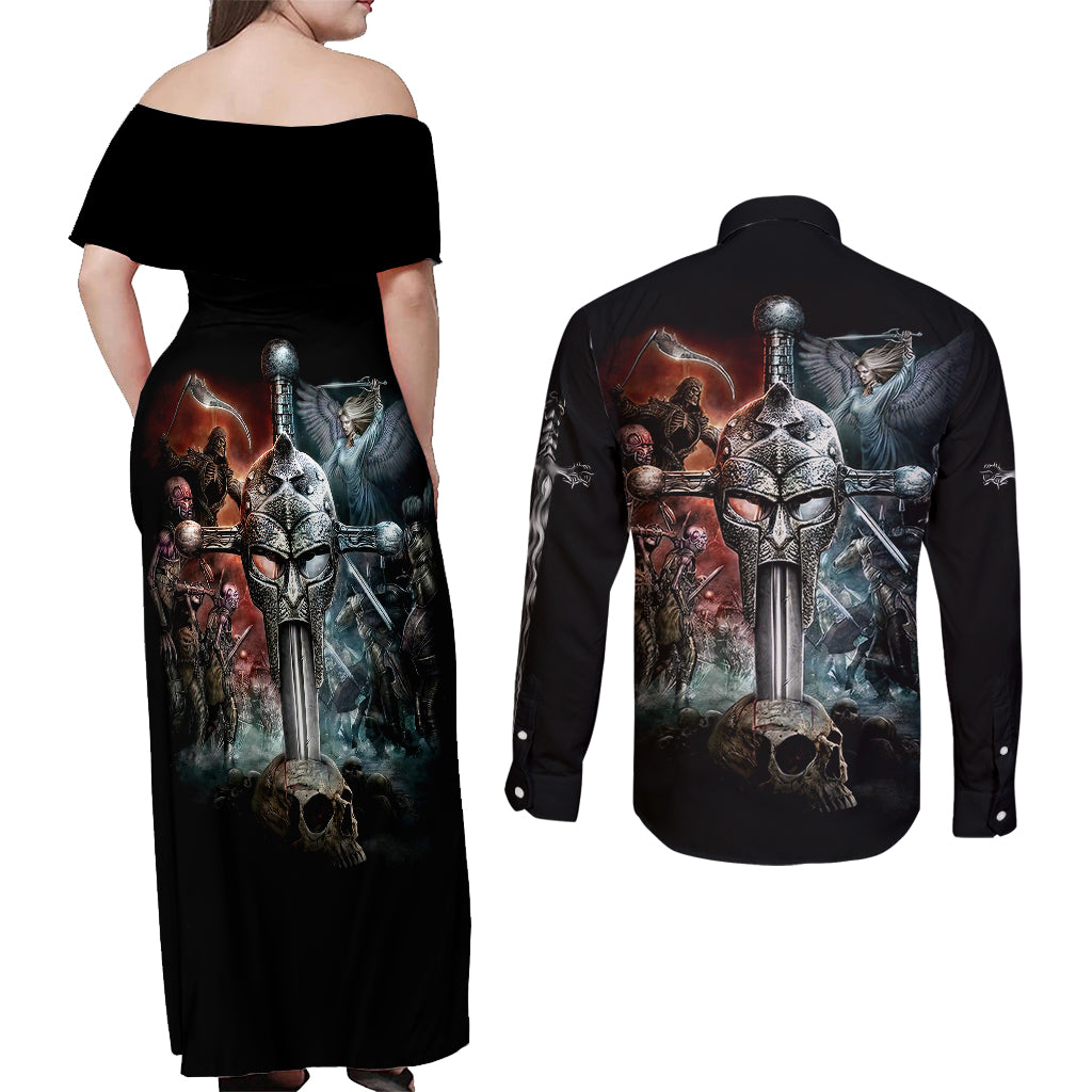 Warrior Skull Couples Matching Off Shoulder Maxi Dress and Long Sleeve Button Shirts Skull Warrior Viking - Wonder Print Shop