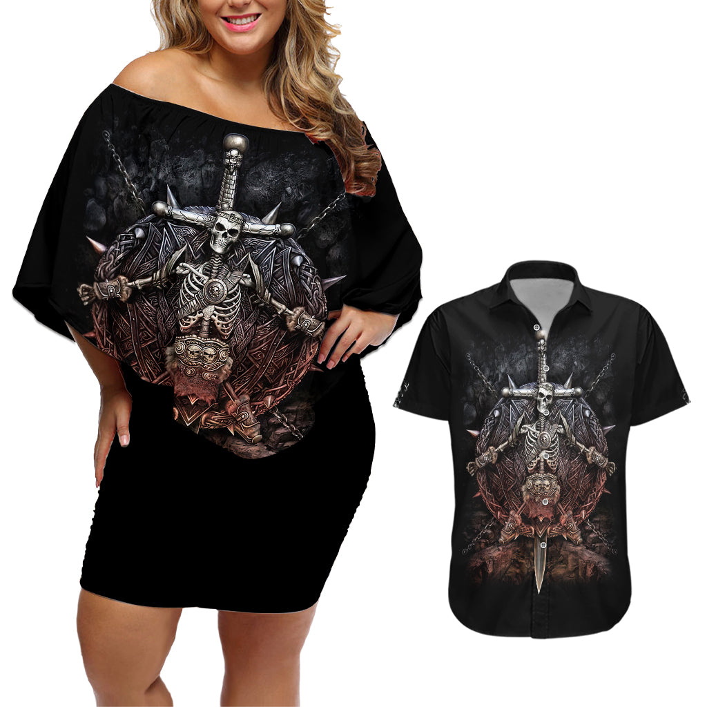 Warrior Skull Couples Matching Off Shoulder Short Dress and Hawaiian Shirt Skull Warrior Viking - Wonder Print Shop