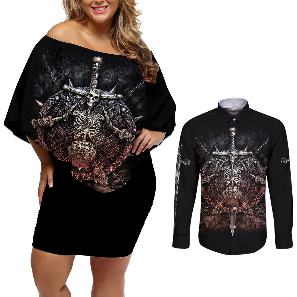 Warrior Skull Couples Matching Off Shoulder Short Dress and Long Sleeve Button Shirts Skull Warrior Viking - Wonder Print Shop