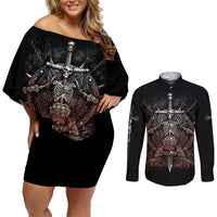 Warrior Skull Couples Matching Off Shoulder Short Dress and Long Sleeve Button Shirts Skull Warrior Viking - Wonder Print Shop
