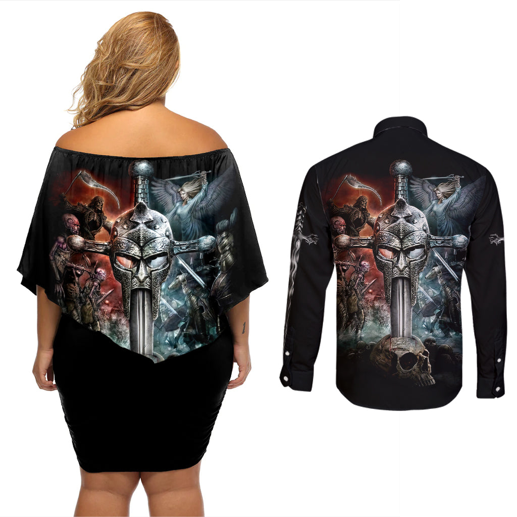 Warrior Skull Couples Matching Off Shoulder Short Dress and Long Sleeve Button Shirts Skull Warrior Viking - Wonder Print Shop