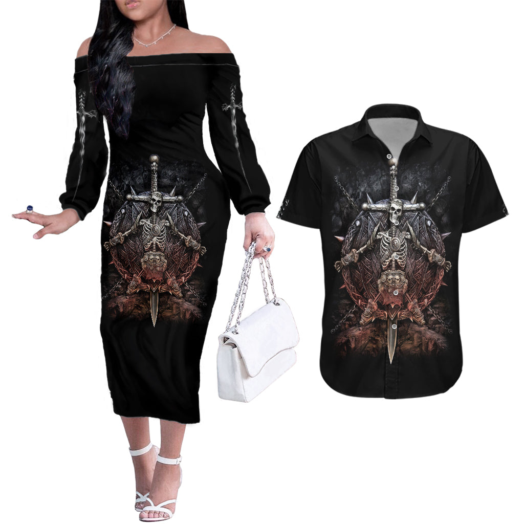 Warrior Skull Couples Matching Off The Shoulder Long Sleeve Dress and Hawaiian Shirt Skull Warrior Viking - Wonder Print Shop