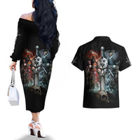 Warrior Skull Couples Matching Off The Shoulder Long Sleeve Dress and Hawaiian Shirt Skull Warrior Viking - Wonder Print Shop