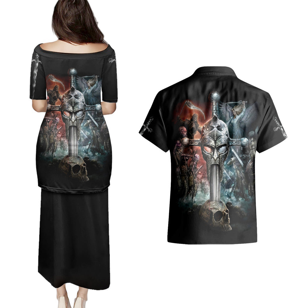 Warrior Skull Couples Matching Puletasi Dress and Hawaiian Shirt Skull Warrior Viking - Wonder Print Shop