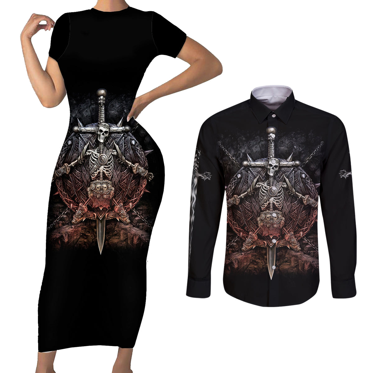 Warrior Skull Couples Matching Short Sleeve Bodycon Dress and Long Sleeve Button Shirts Skull Warrior Viking - Wonder Print Shop