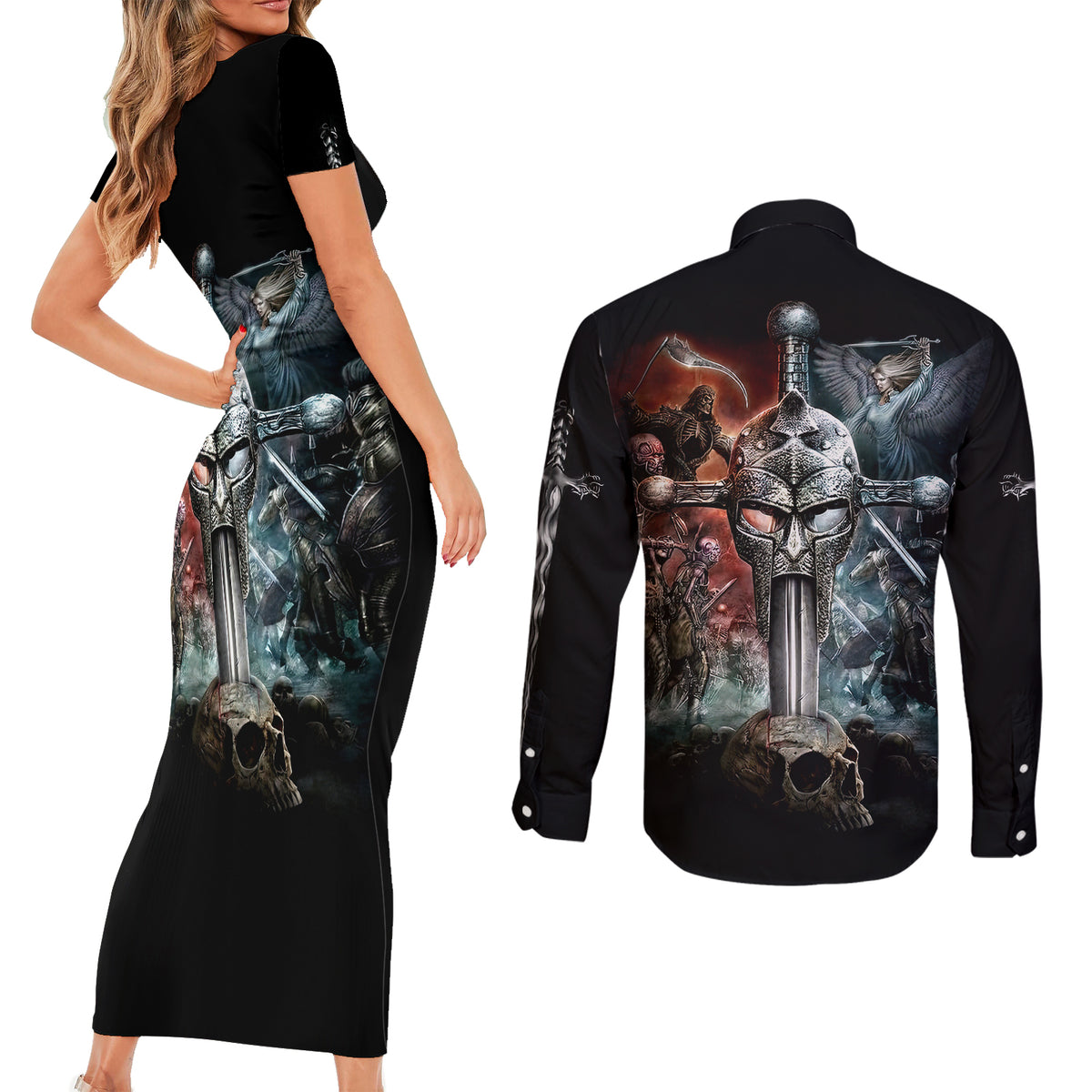 Warrior Skull Couples Matching Short Sleeve Bodycon Dress and Long Sleeve Button Shirts Skull Warrior Viking - Wonder Print Shop