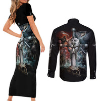 Warrior Skull Couples Matching Short Sleeve Bodycon Dress and Long Sleeve Button Shirts Skull Warrior Viking - Wonder Print Shop